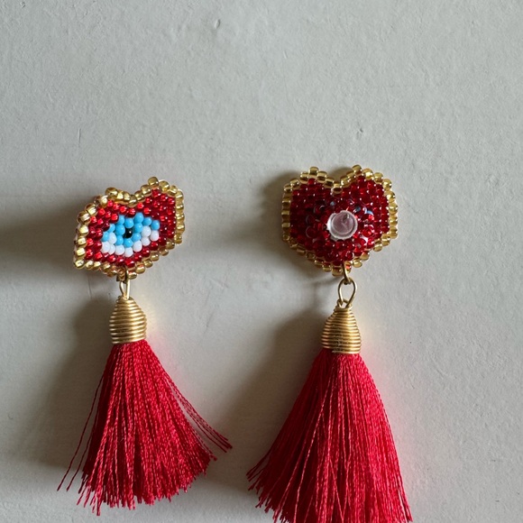 Red Beaded Heart Tassel Earrings - Women's Fashion Jewelry - Picture 2 of 3